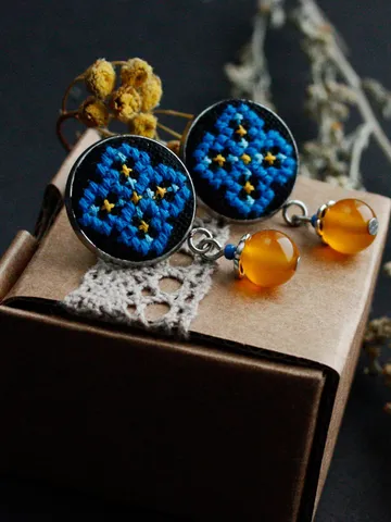 Minimalist Ukrainian earrings studі with dangle agate bead Handmade blue yellow traditional folk jewelry for women vyshyvanka Ukraine flag