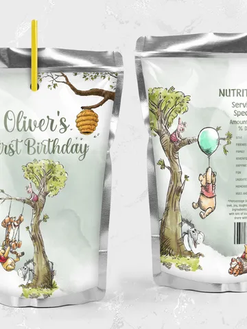 Editable Juice Label Hundred Acre Wood First Birthday party juice label; Winnie the Pooh Party; Classic Pooh Party Birthday ; wp2 $10.45