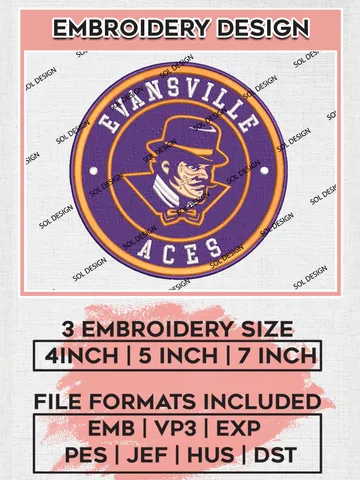 NCAA Evansville Purple Aces Round Logo Embroidery, NCAA Evansville Purple Aces Logo Embroidery files, NCAA Teams, Machine embroidery designs, Digital Download $6.99