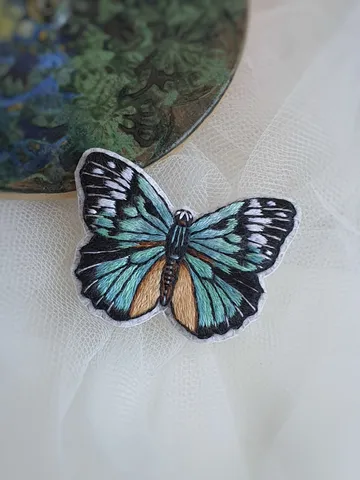 Butterfly Brooch. Hand-embroidered brooch, artistic satin stitch.