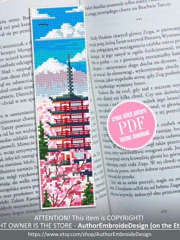 Spring bookmark cross stitch pattern PDF download Japanese pagoda cross stitch chart, Digital bookmark pattern PDF, Mount fuji, Sakura #B167 $4.40