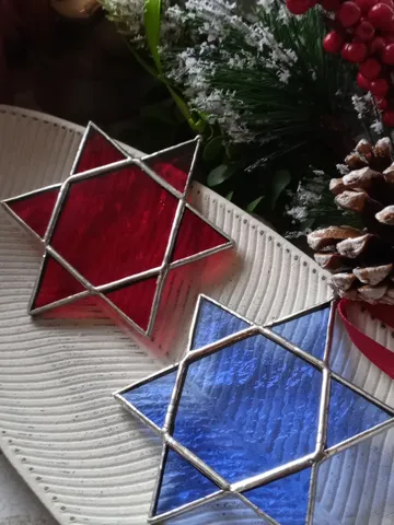 Set of 2 merkaba Red blue snowflake suncatcher, new year tree toy,  seals of Solomon star car hanger