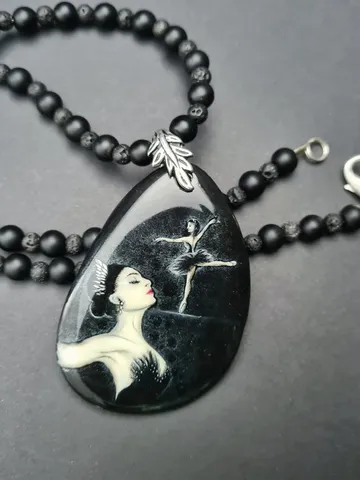 Necklace ballerina black swan Oil painting Miniature on agate One of a kind $120.00
