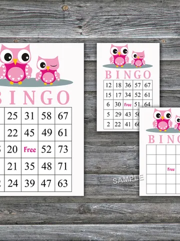 Pink Owl bingo cards,Owl bingo game,Owl Printable bingo cards,60 Bingo Cards,INSTANT DOWNLOAD--362 $3.95