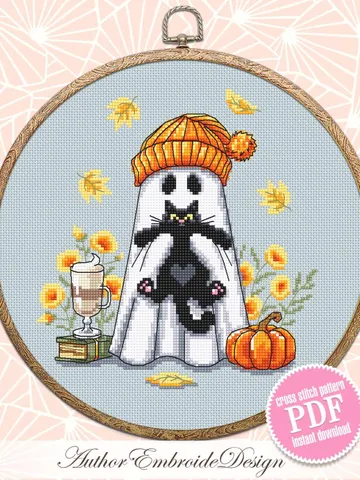 Ghost with black cat cross stitch pattern PDF download Cute ghost cross stitch chart, Halloween pattern digital PDF, Fall leaves #H87 $4.40