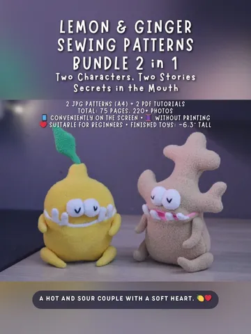 PDF sewing pattern set: movable plush toys Lemon & Ginger softies $20.00