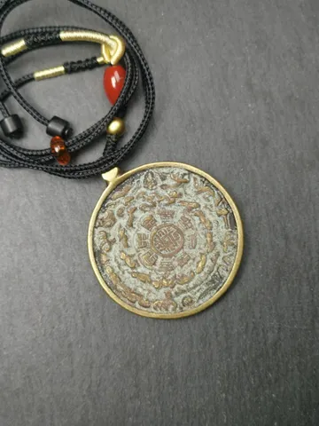 Gandhanra Vintage Tibetan Buddhist Calendar Amulet Sipaho Badge - Lima Brass Melong Mirror Protective Charm Feng Shui Pendant,44mm $199.99