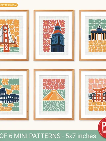 Bundle of 6 mini city Cross stitch patterns contemporary famous architecture Abstract Floral beginner counted modern embroidery instant PDF $17.83