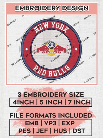 New York Red Bulls Soccer Team Logo Embroidery Design, MLS New York Red Bulls Logo Embroidery Files, Soccer Team Machine Embroidery, Machine Embroidery Design $6.99