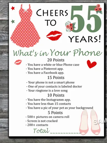 55th What's in Your Phone Birthday Party Game,Adult Birthday party game-fun games for her-Instant download $1.50