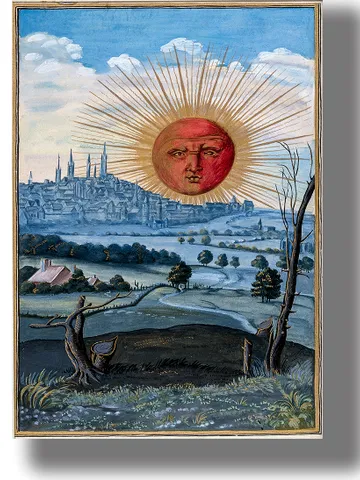 A red-faced sun rises above a city. Representing the culmination of the alchemical Great Work. $21.00