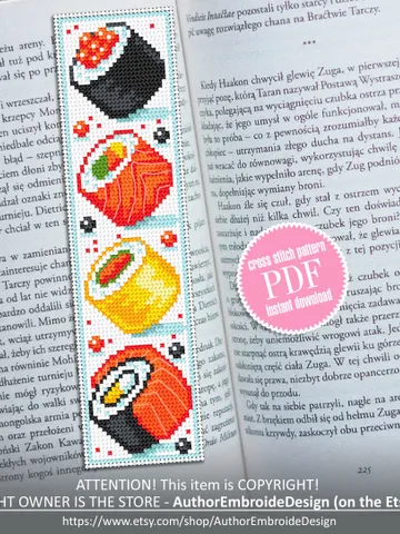 Japanese food bookmark cross stitch pattern PDF download Simple handmade bookmark digital PDF, Sushi cross stitch chart, Food pattern #B125 $4.40
