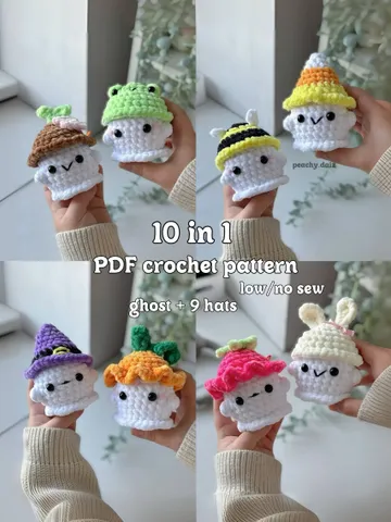 10 in 1 crochet pattern, ghost with hats pattern, crochet halloween plush, set halloween crochet, hats for ghost crochet, LOW sew crochet $8.50