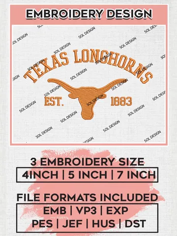 Texas Longhorns Est 1883 Logo Embroidery Designs, NCAA Texas Longhorns Team Embroidery, NCAA Team Logo, 3 sizes, Machine embroidery Files, Digital Download $6.99