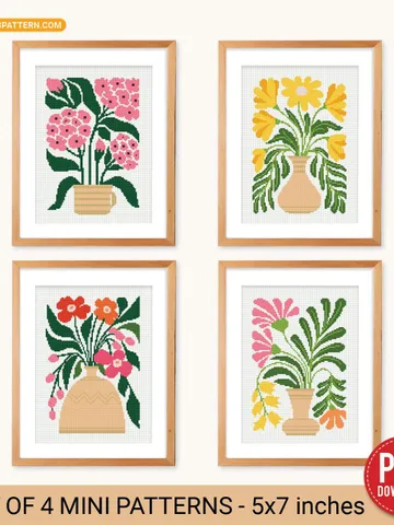 Bundle of 4 mini contemporary Flowers in pots Cross stitch patterns Abstract floral Plant beginner counted modern DIY embroidery instant PDF $10.00