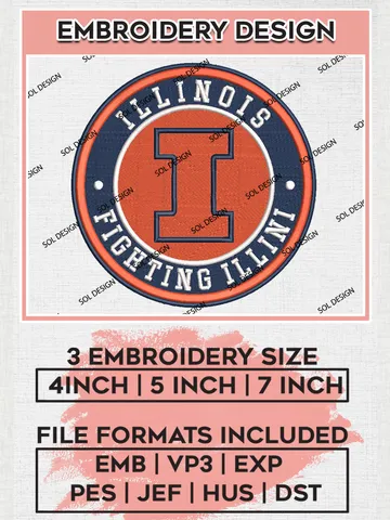 NCAA Illinois Fighting Illini Round Logo Embroidery, NCAA Illinois Fighting Illini Logo Embroidery files, NCAA Teams, Machine embroidery designs, Digital Download $6.99