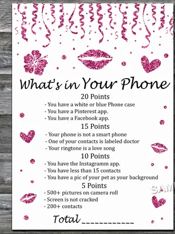 Pink glitter What's in Your Phone Birthday Party Game,Adult Birthday party game-fun games for her-Instant download $1.75