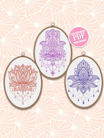Lotus Flower Mandala set cross stitch pattern download PDF Monochrome mandala cross stitch, Mandala ornament Hand of Fatima, Hamsa hand #S62 $12.00