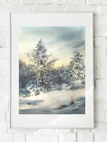 Winter Landscape Painting Original Watercolor Painting Winter Forest Painting $154.31