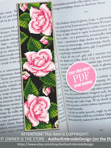 Flower bookmark cross stitch pattern PDF download Pink rose cross stitch chart, Handmade bookmark digital PDF, Cute bookmark for women #B211 $4.40