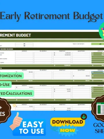 Early Retirement Budget Template, Editable Google Sheets, Digital Download for Planning & Tracking Financial Independence Goals $6.86