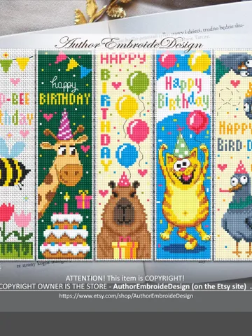 Birthday bookmark set cross stitch pattern PDF download Funny animals cross stitch, Simple bookmark pattern digital PDF Happy birthday #B462 $17.45