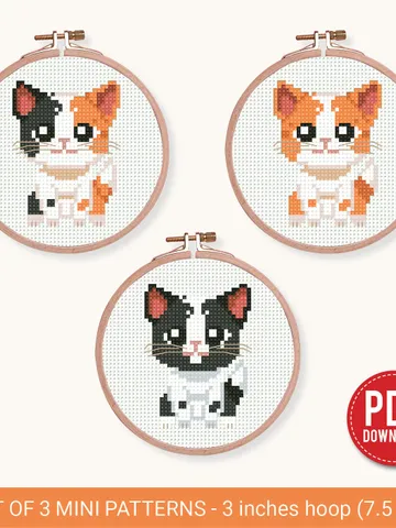 Bundle of 3 mini cute kitten Cross stitch patterns contemporary cats animals beginner counted modern chart gift DIY embroidery instant PDF $7.11