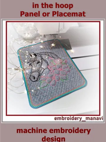 ITH Horse Head with Flowers – Quilted Embroidery Panel or Placemat (8x11.2") $4.00