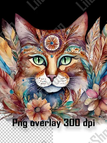 Cat with flowers and feather png clipart. Boho Floral cat head overlay, Digital instant download for sublimation $2.71