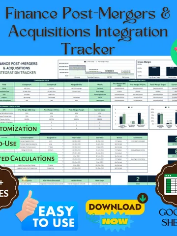 Finance Post-Mergers & Acquisitions Integration Tracker Template, Editable Google Sheets, Business Integration Tool $8.26