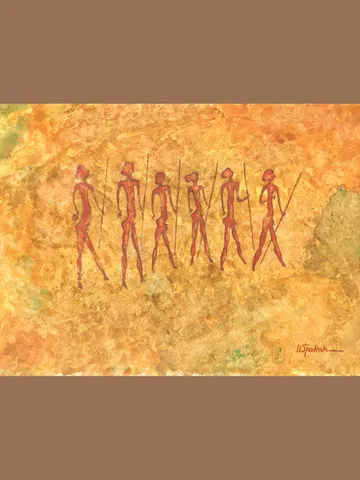 Prehistoric man wall art | Original Pastel and Watercolor Artwork Ancient Cave Painting Style | Warriors Prehistoric art | Handmade Artwork | Hunters stylization of rock art | Drawings of a prehistoric man $90.00