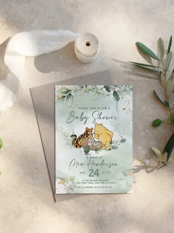 Classic Winnie Pooh Baby Shower Invitation; Pooh Baby Shower Editable Template; Greenery Floral Baby Shower; Baby Shower trend of 2023 $12.78