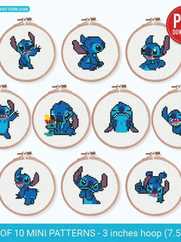 Bundle of 10 mini Lilo and Stitch Cross stitch patterns, Cartoon, Set Small, beginner, modern chart, gift DIY, embroidery, instant PDF $10.00