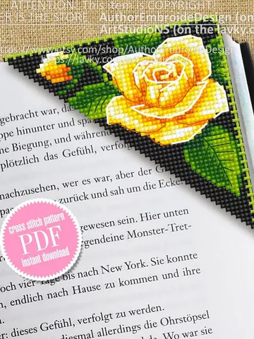 Corner bookmark cross stitch pattern PDF download Yellow rose cross stitch chart, Floral bookmark corner digital PDF, Yellow flowers #B215 $4.10