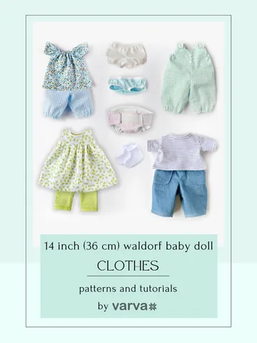DIY clothes set for a Waldorf baby doll 14 inch (36 cm) tall. PDF sewing patterns and tutorials.