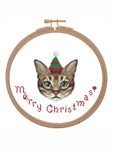 Christmas cat cross stitch pattern modern Realistic tabby cat cross stitch counted Merry Christmas ornament Xstitch pattern card cat face