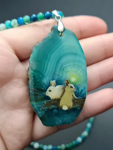 Necklace with two baby rabbit or hare Oil painting on green Agate pendant stone $120.00