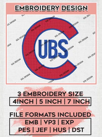 Chicago Cubs MLB Logo Embroidery Files, MLB Chicago Cubs Team Embroidery, MLB Teams, 3 sizes, MLB Machine embroidery designs, Digital Download $6.99