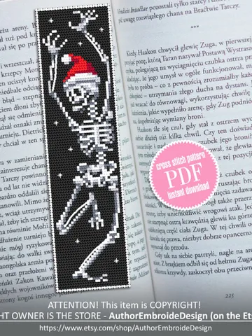 Gothic bookmark cross stitch pattern download PDF, Dancing skeleton cross stitch, Christmas skeleton embroidery PDF, Handmade bookmark #B96 $4.40