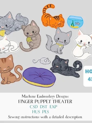 Cat Finger Puppets Embroidery Design Set - ITH Feltie Toys for 4x4 Hoop - Cute Kitten DIY Project File $15.00