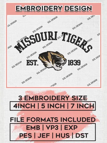 Missouri Tigers Est 1839 Logo Embroidery Designs, NCAA Missouri Tigers Team Embroidery, NCAA Team Logo, 3 sizes, Machine embroidery Files, Digital Download $6.99