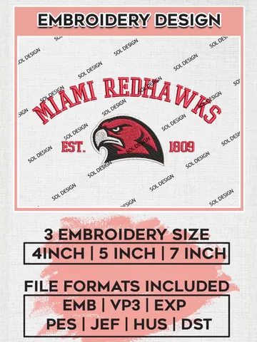 Miami RedHawks Est 1809 Logo Embroidery Designs, NCAA Miami RedHawks Team Embroidery, NCAA Team Logo, 3 sizes, Machine embroidery Files, Digital Download $6.99