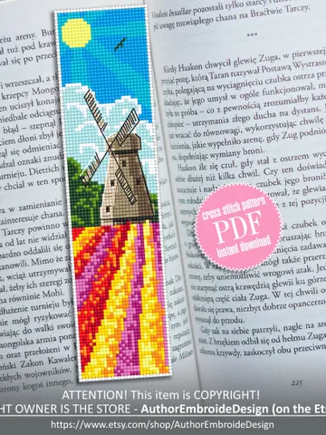 Bookmark Windmill cross stitch pattern PDF Handmade bookmark Holland cross stitch Spring xstitch chart Beginners Cross Stitching #B27 $4.40