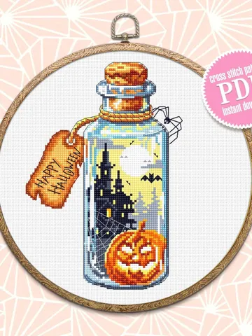 Halloween bottle cross stitch pattern download PDF Horror pumpkin xstitch chart Happy Halloween embroidery Spooky castle digital pdf #H29 $4.60
