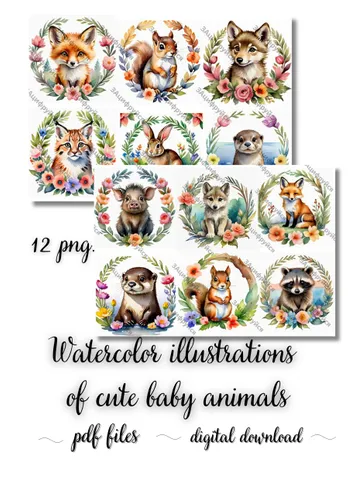 Watercolor cliparts of baby animals, 12 postcards $4.00