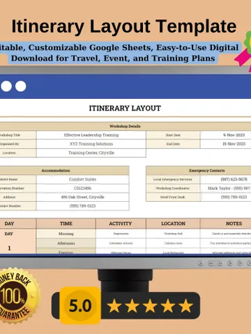 Itinerary Layout Template | Editable, Customizable Google Sheets, Easy-to-Use Digital Download for Travel, Event, and Training Plans $5.46
