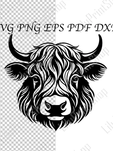 Highland cow head svg, bull cut file, farm animal life cut file for Cricut Silhouette with format сnc, png, eps, dxf, pdf. Instant download $3.39