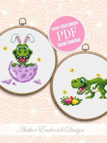 Funny dinosaur easter cross stitch pattern PDF download, Set of 2 small dinosaur cross stitch chart, Cute dino pattern digital PDF #T29 $5.50