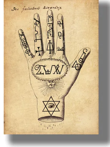A hand covered in Kabbalistic signs and sigils from the Compendium Rarissimum. $21.00