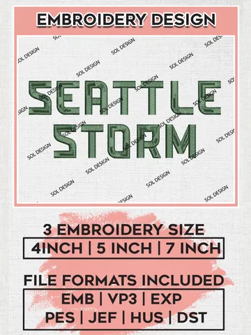 WNBA Seattle Storm Wordmark Logo Embroidery Files, WNBA Seattle Storm Team Embroidery Designs, WNBA Basketball Teams, 3 sizes, Machine embroidery designs, Digital Download $6.99